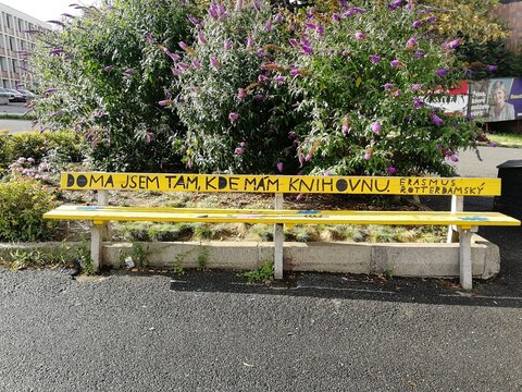 Wooden bench in a Czech town square with the quote "Doma jsem tam, kde mam knihovnu" carved into the backrest, promoting love for books and reading.
