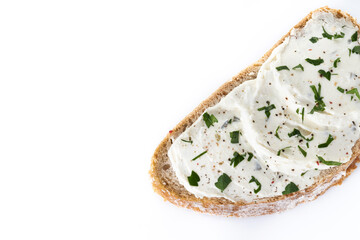 Cream cheese toast isolated on white background. Copy space