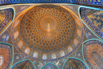 Interior of the dome at Mosque of Sheikh Loftallah on August 28, 2014, in Isfahan, Iran. 