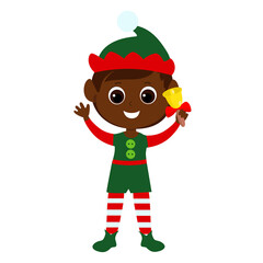 A cute boy stands and holds a bell in his hands. The child is dressed in a traditional elf costume. Christmas character illustration in cartoon style isolated on white background.