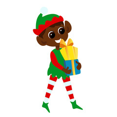 An elf in traditional costume carries boxes of Christmas gifts. Christmas character illustration in cartoon style isolated on white background.