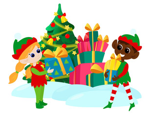 Obraz na płótnie Canvas Christmas elves near boxes with gifts and a Christmas tree. Mood of joy and celebration. Winter holiday cartoon illustration isolated on white background.