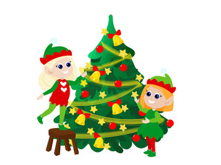 Elf girls decorate the Christmas tree. Children are dressed in traditional red and green clothes. Christmas characters design in cartoon style isolated on white background.