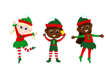 Set of elves jumping and having fun in cartoon style isolated on white background. Children are dressed in traditional red and green clothes. Christmas character design.