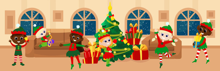 A room from the inside in a house decorated before Christmas. The room has windows, a green sofa and armchair, a Christmas tree and gift boxes. Little elves are playing inside.