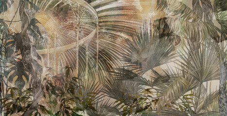 
tropics painted in vintage style on texture background photo wallpaper - obrazy, fototapety, plakaty