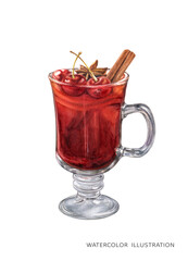 Mulled wine drink glass hand drawn watercolor illustration isolated on white background