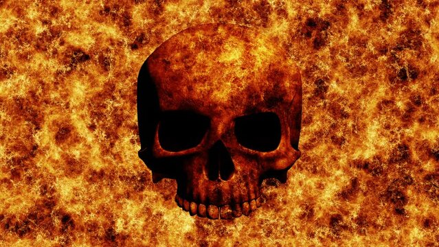 Skull burning hell fire background. Human skull over a devilish fire flames background. Seamless looping animation.