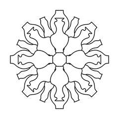 Pitchers mandala, coloring book page . Ceramic, glassware, vase, household utensils. Graphic design, logo. Outline black and white simple illustration isolated on a white background