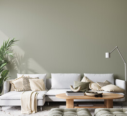 Wall mockup in modern living room design, minimal white sofa and wooden coffee table on green interior background, 3d render