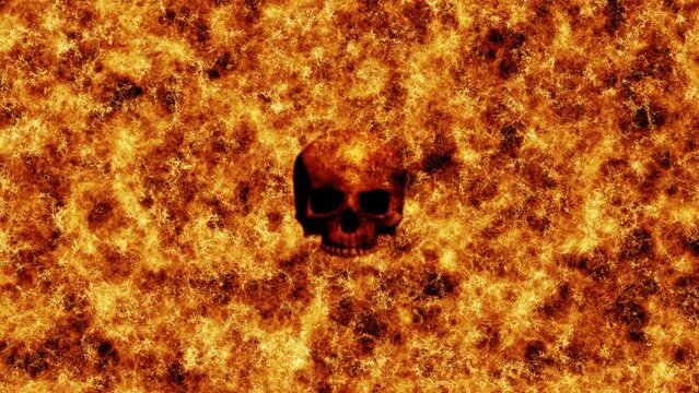 Skull burning hell fire background. Human skull over a devilish fire flames background. Seamless looping animation.