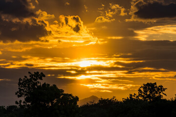 cloudy orange sunset with trees in thailand.