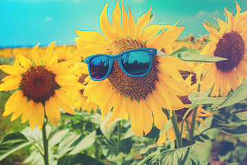 Field with sunflowers. Sunflowers wearing sunglasses. Summer concept. UVF for children and adults.