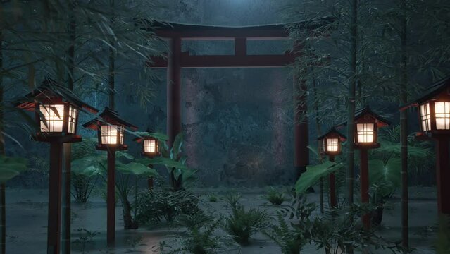 big torii gate surrounded by bamboo trees and japanese wooden lantern