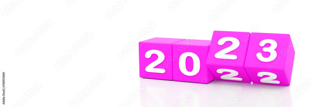 Poster 2023 new year purple cube with 2023 on white background empty space for text