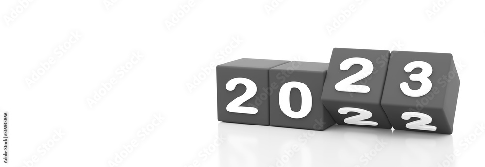 Poster 2023 new year grey cube with 2023 on white background copy space for text