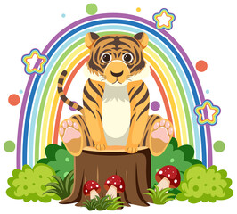 Obraz na płótnie Canvas Cute tiger on stump in flat cartoon style