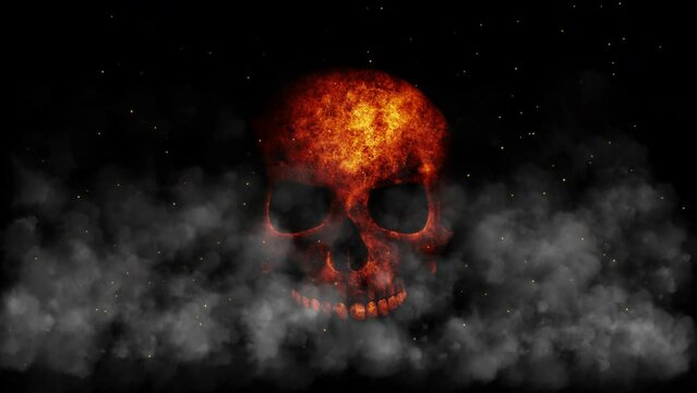 Skull burning hell fire background. Human skull with fire flames and smoke rising up at black background. Seamless looping animation.