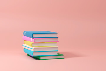 Stack of books and paper on pink background. 3d render