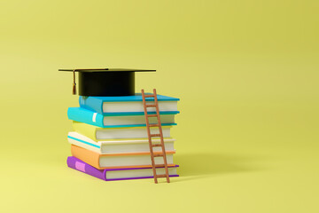 Stack books with ladder and black square academic cap on top isolated on yellow background, 3d .