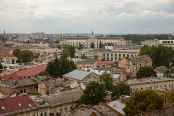 Fototapeta na wymiar Aerial view of the historical city center of Lviv and the station building in Ukraine 