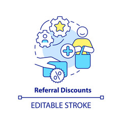 Referral discounts concept icon. Partner program. Customer bonuses. Allowances type abstract idea thin line illustration. Isolated outline drawing. Editable stroke. Arial, Myriad Pro-Bold fonts used