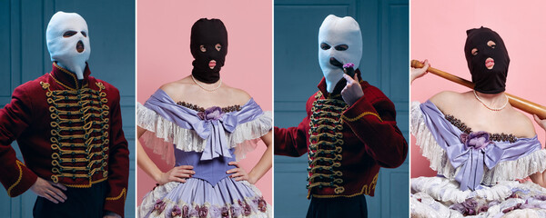 Set of images of man and woman as medieval persons wearing balaclava isolated on blue and pink background. Concept of comparison of eras, art, history. Creative art collage