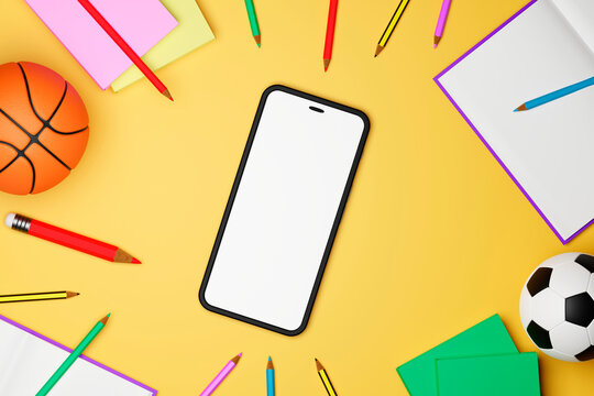 Top view of a set of school supplies and mobile phone on yellow background. 3d render