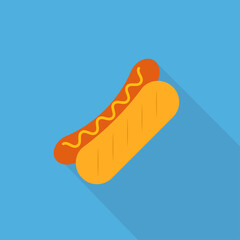 Hot dog icon with long shadow. Icon hot dog isolated on blue background. Street food icon. Fast food logo for menu cafeteria, pub, restaurant. Vector illustration in flat design