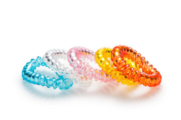 Colorful telephone wire hair tie on white backgound