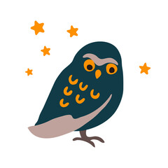 vector owl cute big eyes wing vintage funny  child on white brown yellow illustration star