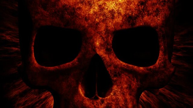 Skull burning hell fire background. Close up - human skull with fire flames at black background. Seamless looping animation.