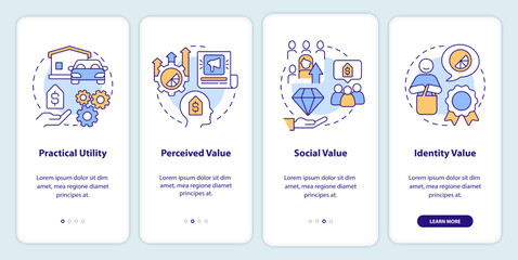 Product values onboarding mobile app screen. Business walkthrough 4 steps editable graphic instructions with linear concepts. UI, UX, GUI template. Myriad Pro-Bold, Regular fonts used