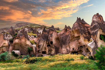 caves and rock formations in the zelve valley cappadocia - obrazy, fototapety, plakaty