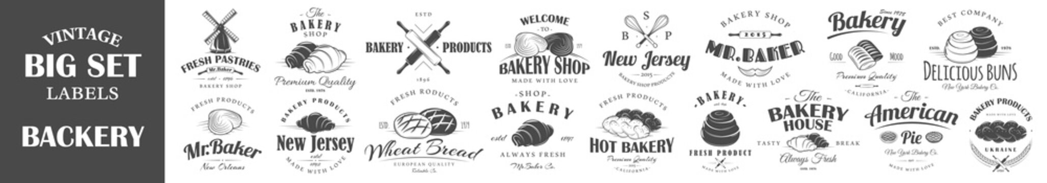 Set of vintage bakery labels. Posters, stamps, banners and design elements. Vector illustration