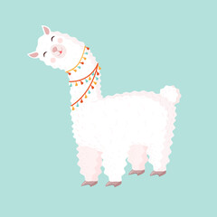 Festive llama or alpaca on a blue background. Vector illustration for baby texture, textile, fabric, poster, greeting card, decor. Character design.