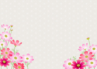 コスモスと麻の葉文様の背景ヨコ