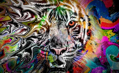 Foto auf Glas Colorful hand-drawn tiger muzzle, abstract colorful background © reznik_val