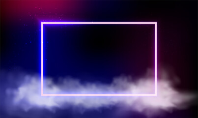 Abstract geometrical background with square neon frame and stormy cloud glowing with pink blue light. Pink blue neon light square frame with copy space, illuminated stormy clouds. Vector illustration