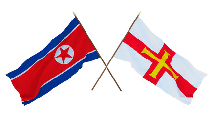 Background for designers, illustrators. National Independence Day. Flags North Korea and Bailiwick of Guernsey
