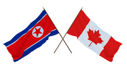 Background for designers, illustrators. National Independence Day. Flags North Korea and Canada