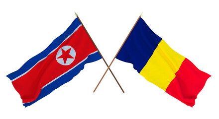 Background for designers, illustrators. National Independence Day. Flags North Korea and Chad