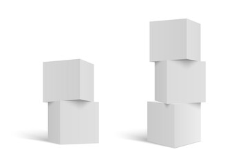 Three 3D stacked cubes. Column of white cubes. Geometric shapes background.