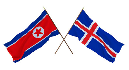 Background for designers, illustrators. National Independence Day. Flags North Korea and Iceland