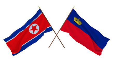 Background for designers, illustrators. National Independence Day. Flags North Korea and Liechtenstein