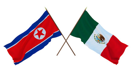 Background for designers, illustrators. National Independence Day. Flags North Korea and Mexico