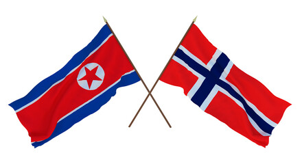 Background for designers, illustrators. National Independence Day. Flags North Korea and Norway