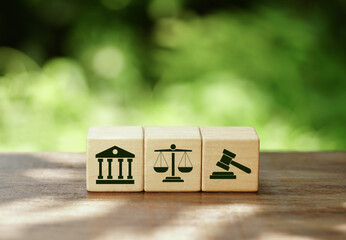 Wooden block cube shape with icon law legal justice on the natural background.                     