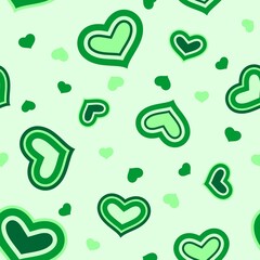Seamless square image with green hues hearts pattern on light green background. Vector design.