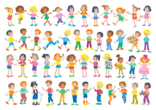Big set of multicultural boys and girls with different skin and hair colors, in different poses, emotions and relationships. In cartoon style. Isolated on white background. Vector illustration.